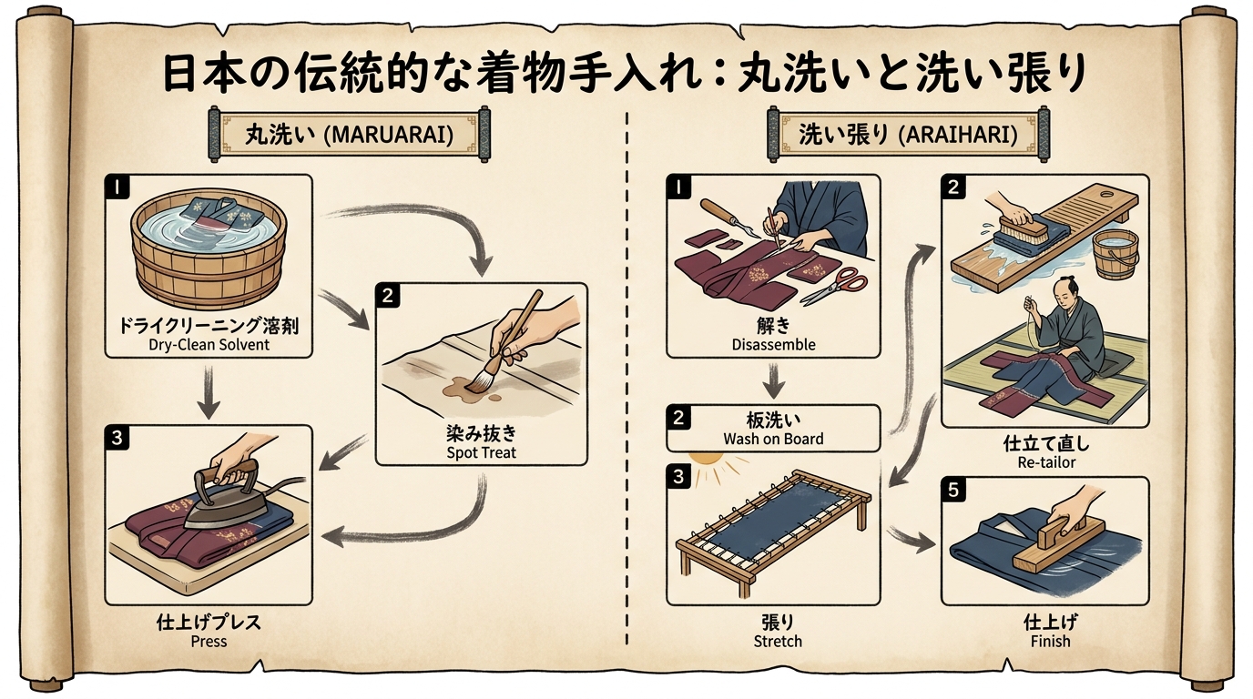 丸洗いと洗い張りの工程比較フロー図