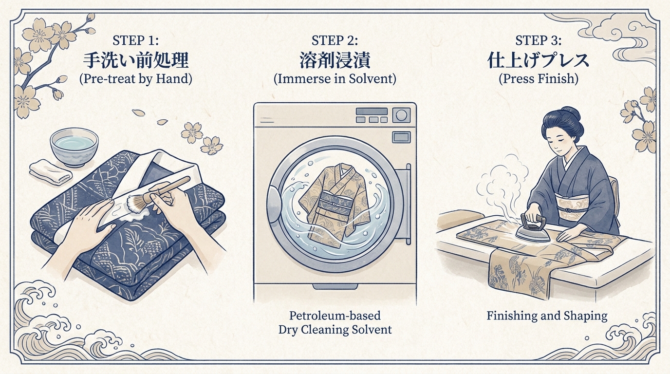 丸洗いの工程イラスト(仕立てたまま石油系溶剤で洗う3ステップ)