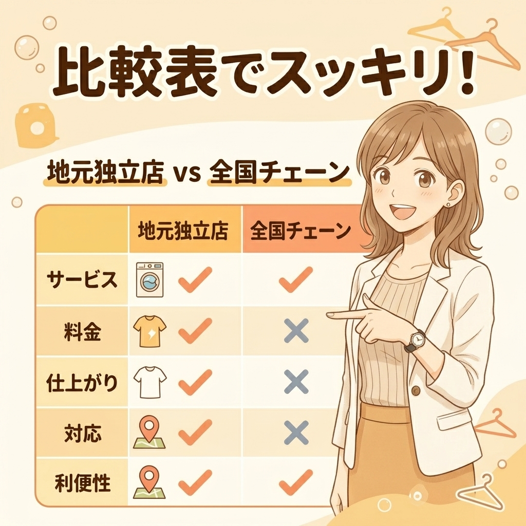 津市内の主要なクリーニング店を地元独立店と全国チェーンで分類した比較表スライド