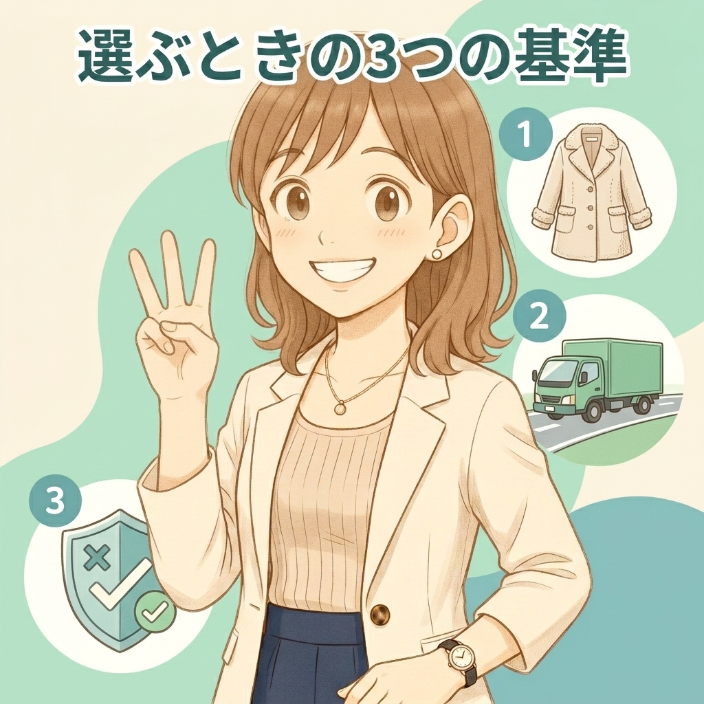 津市でクリーニング店を選ぶ際に重視すべき3つの判断基準を解説するスライド