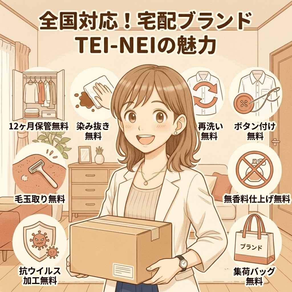 津市発の宅配クリーニングTEI-NEIの定額料金パッケージと最大12ヶ月の保管サービスを紹介するスライド
