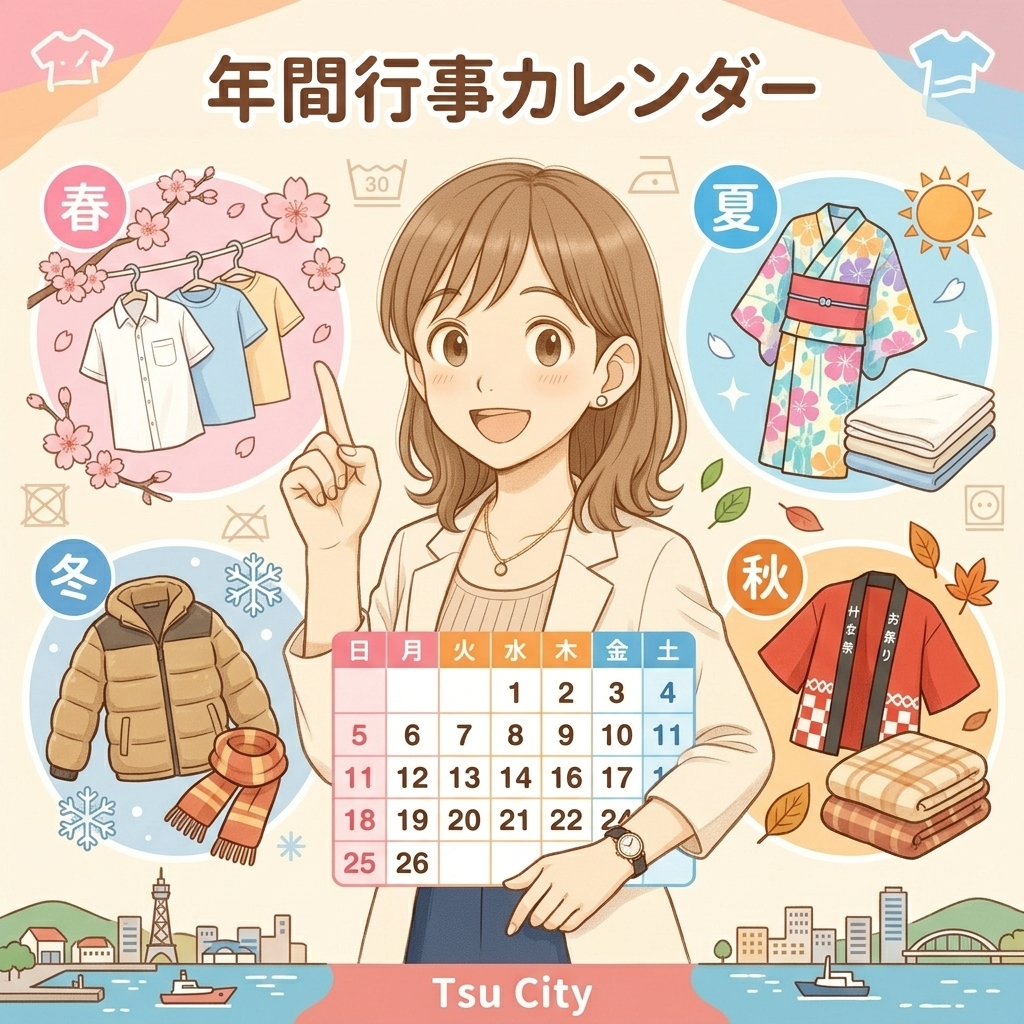 津市の年間行事と衣替えに合わせたクリーニングの最適なタイミングを解説するカレンダー図解スライド