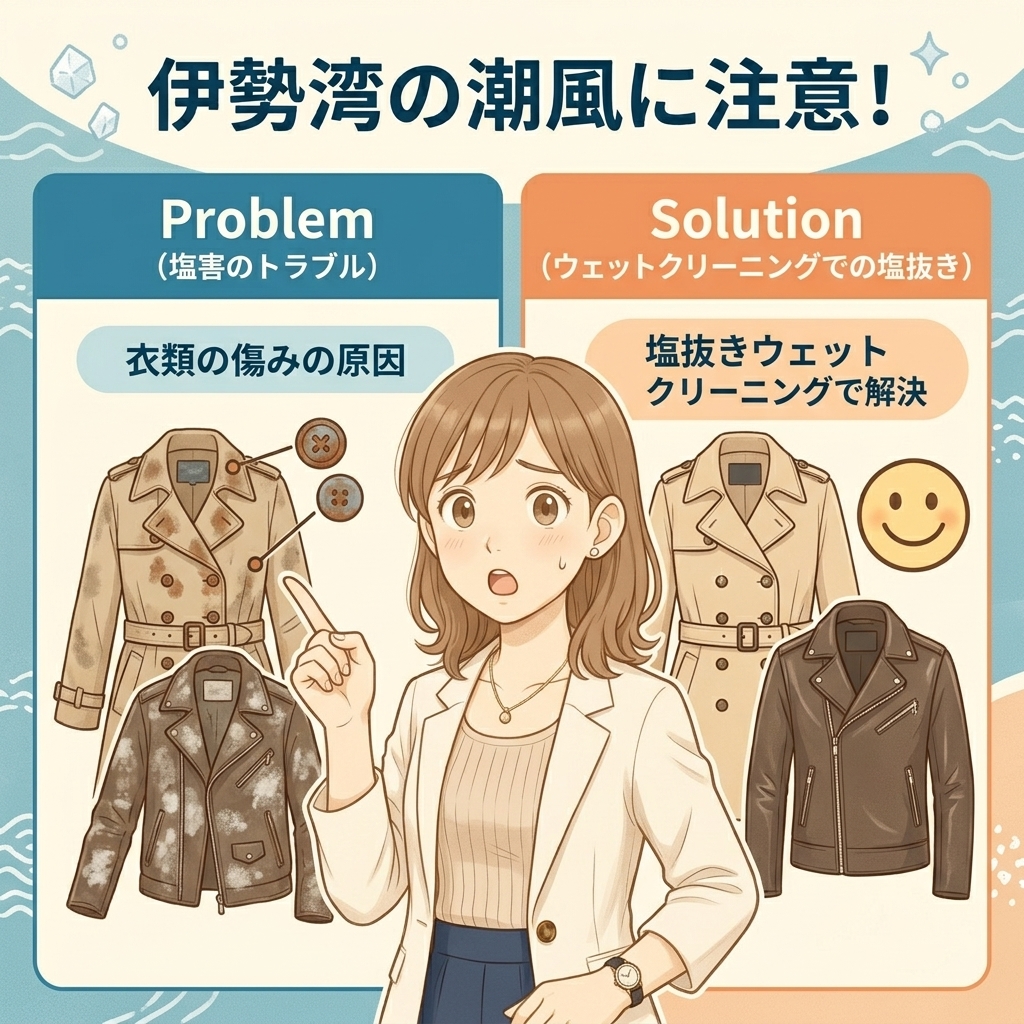 伊勢湾の潮風が引き起こす衣類の塩害トラブルとウェットクリーニングによる塩抜きの効果を比較した詳細図解