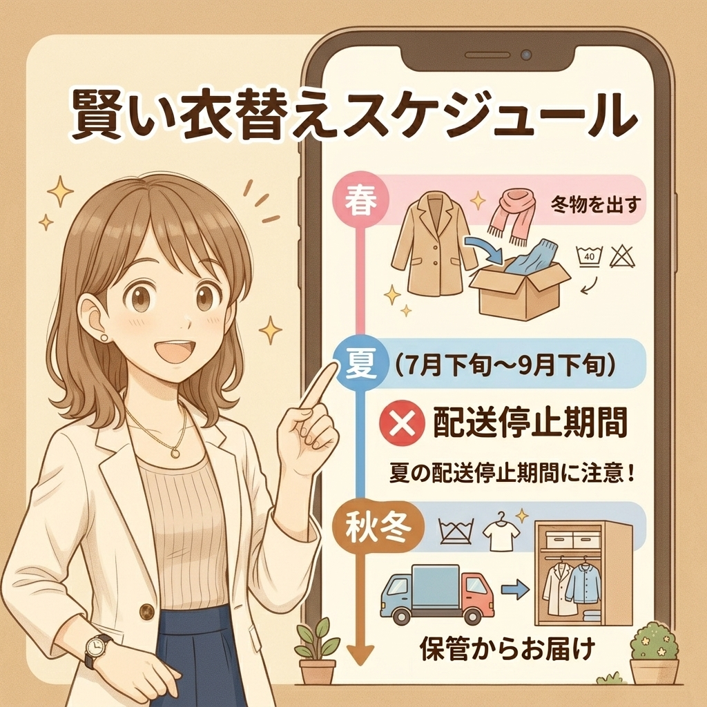 宅配クリーニングTEI-NEIの夏の配送停止期間を考慮した賢い年間の衣替えスケジュールを説明する詳細図解