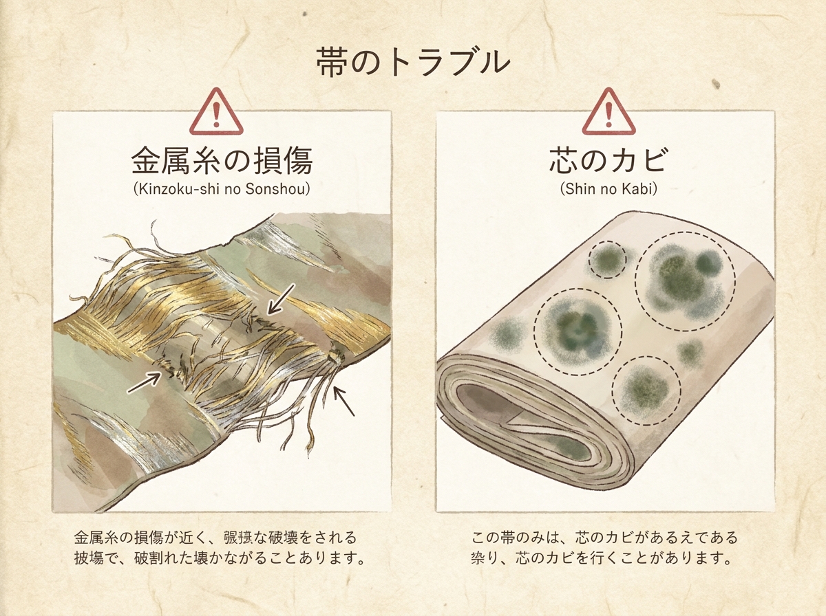 金銀糸の帯と帯芯のカビトラブル例の図解