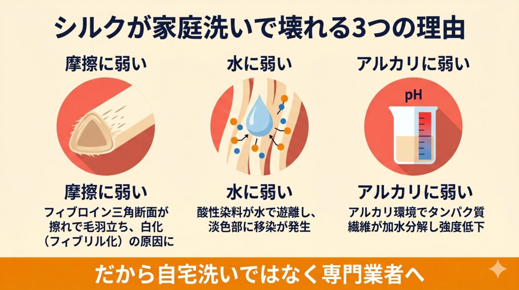 シルク繊維が摩擦・水・アルカリに弱い理由を示す3軸の構造図