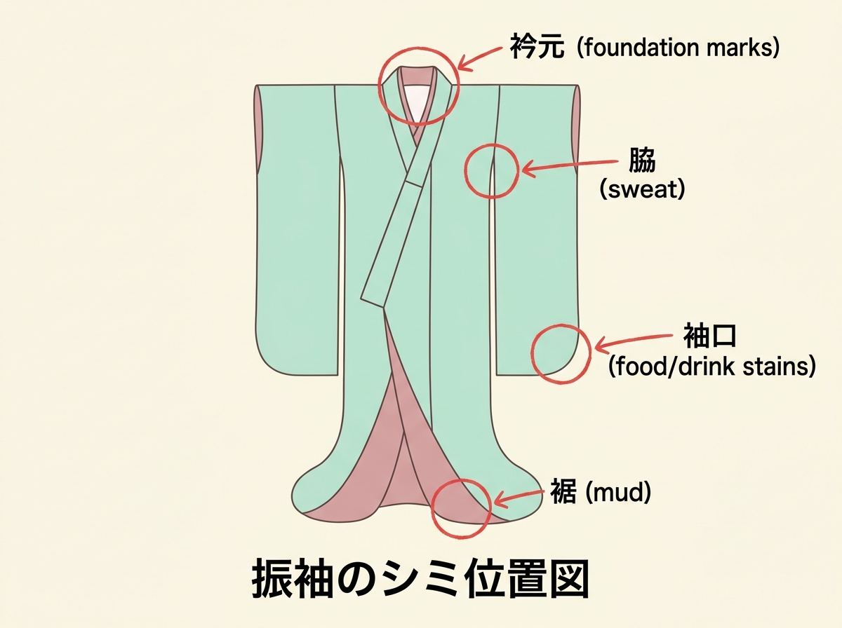 成人式後の振袖につく汚れマップ（衿元・袖口・裾・脇）