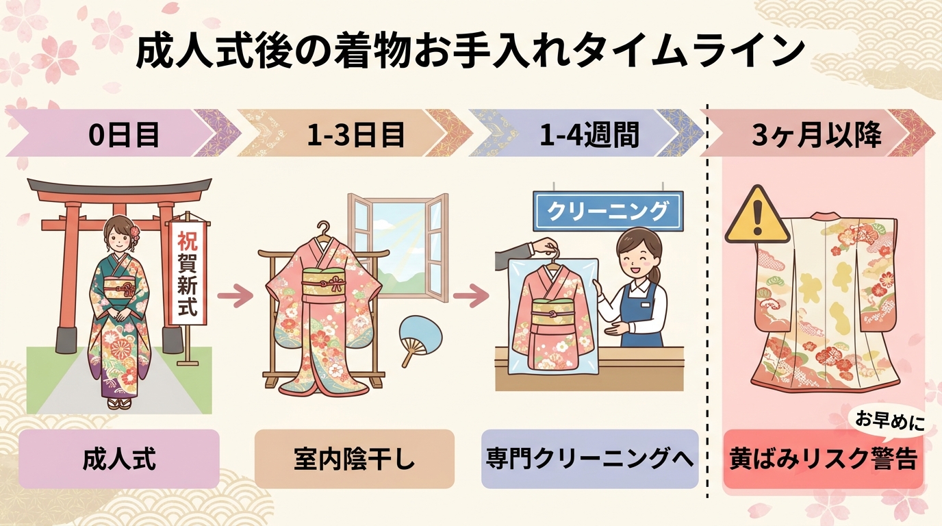 成人式後にクリーニングへ出すタイミングのタイムライン図