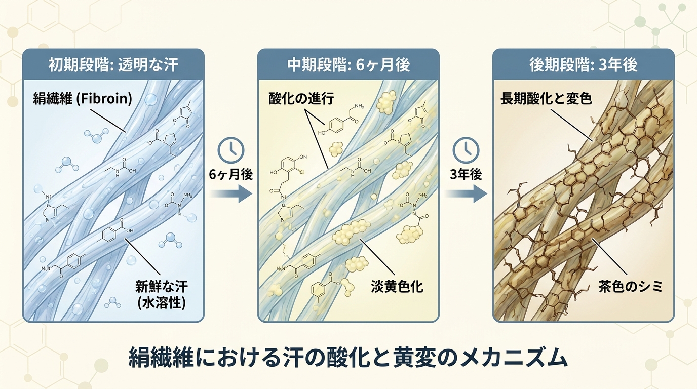 汗抜き加工が必要な理由（汗が黄変に変化する化学プロセス図）
