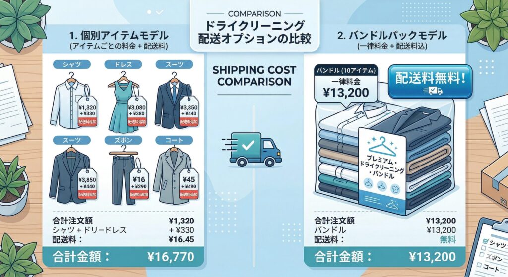 宅配クリーニングの個別料金制とパック料金制の送料の違いを示すイラスト