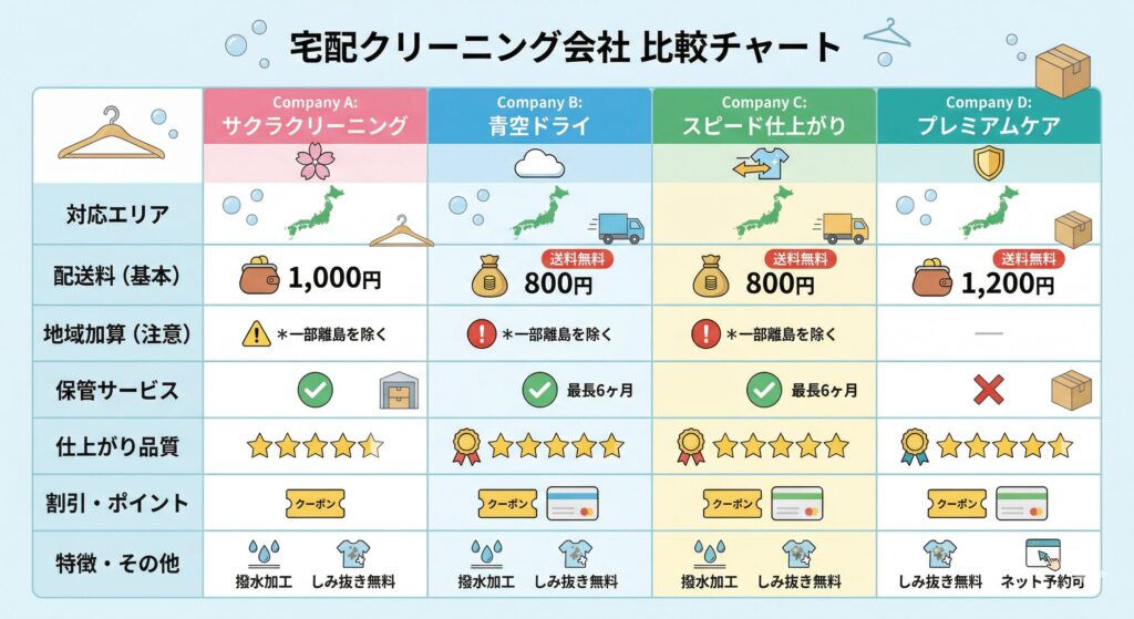 宅配クリーニング主要28社の送料比較表のイメージ