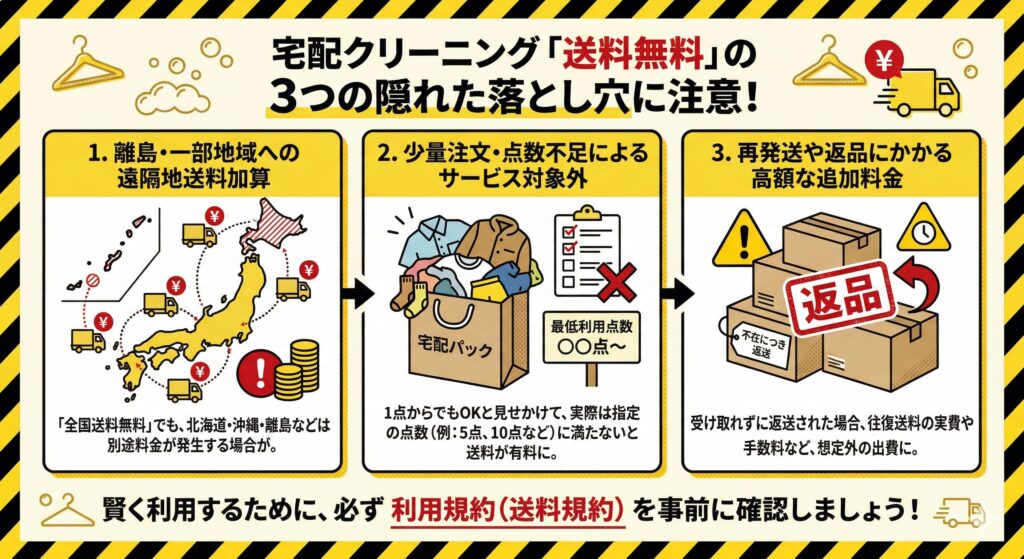 宅配クリーニングの送料無料に潜む3つの落とし穴のイメージ