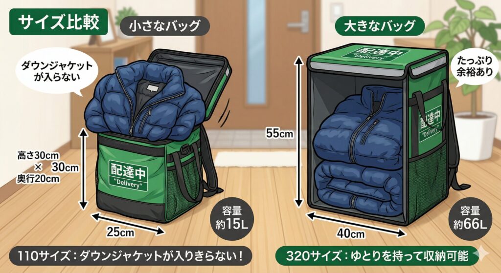 集荷バッグのサイズ差とダウンジャケットの収納イメージ