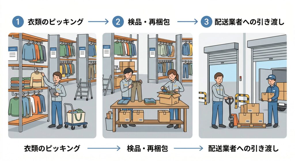 保管倉庫から衣類が返却されるまでのプロセス図