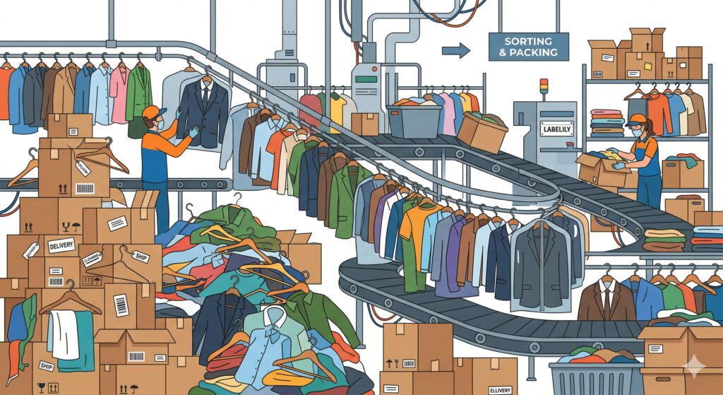 宅配クリーニング工場の物流ラインが混雑しているイメージイラスト