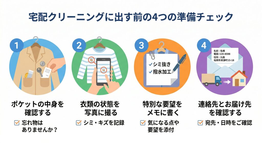 宅配クリーニングに出す前の4つの事前準備チェックリストイラスト
