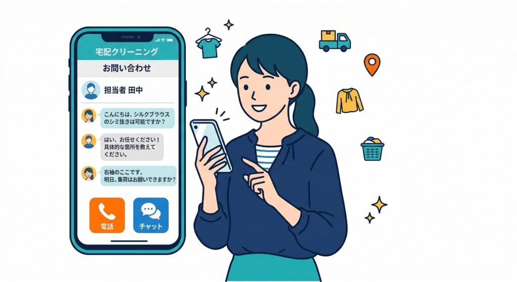 宅配クリーニング業者にスマホで問い合わせているイラスト