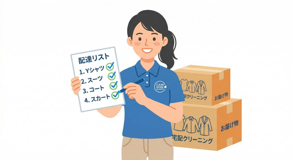 宅配クリーニング納期チェックリストを確認している人のイラスト