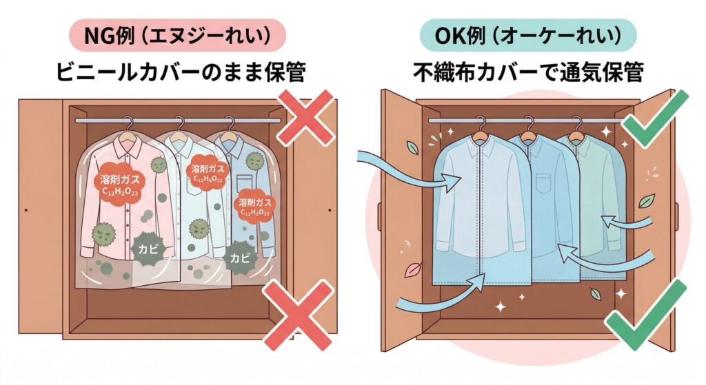 クリーニング後のビニールカバーNG・不織布カバーOKの比較図