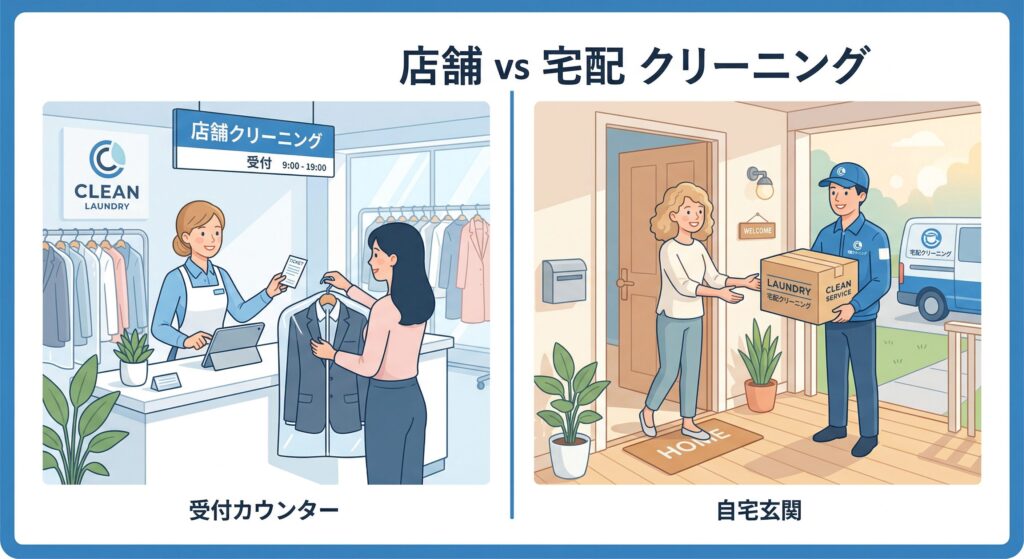 店舗クリーニングと宅配クリーニングの利用フローの違いを表すイラスト
