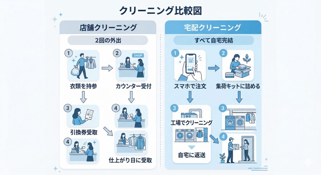 店舗クリーニングと宅配クリーニングの利用フローを2列で比較した図解