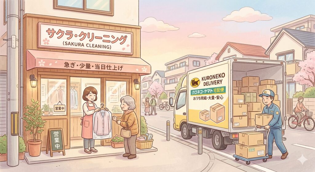 店舗型と宅配型それぞれの得意分野を表すイラスト