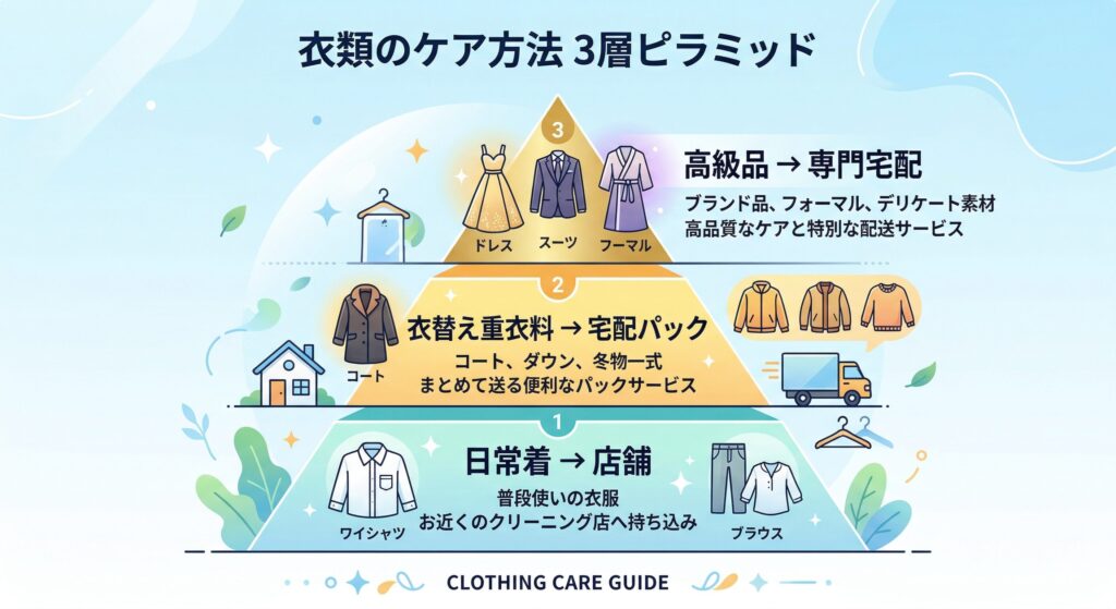 日常着・衣替え・高級品の3層ハイブリッド戦略の図解