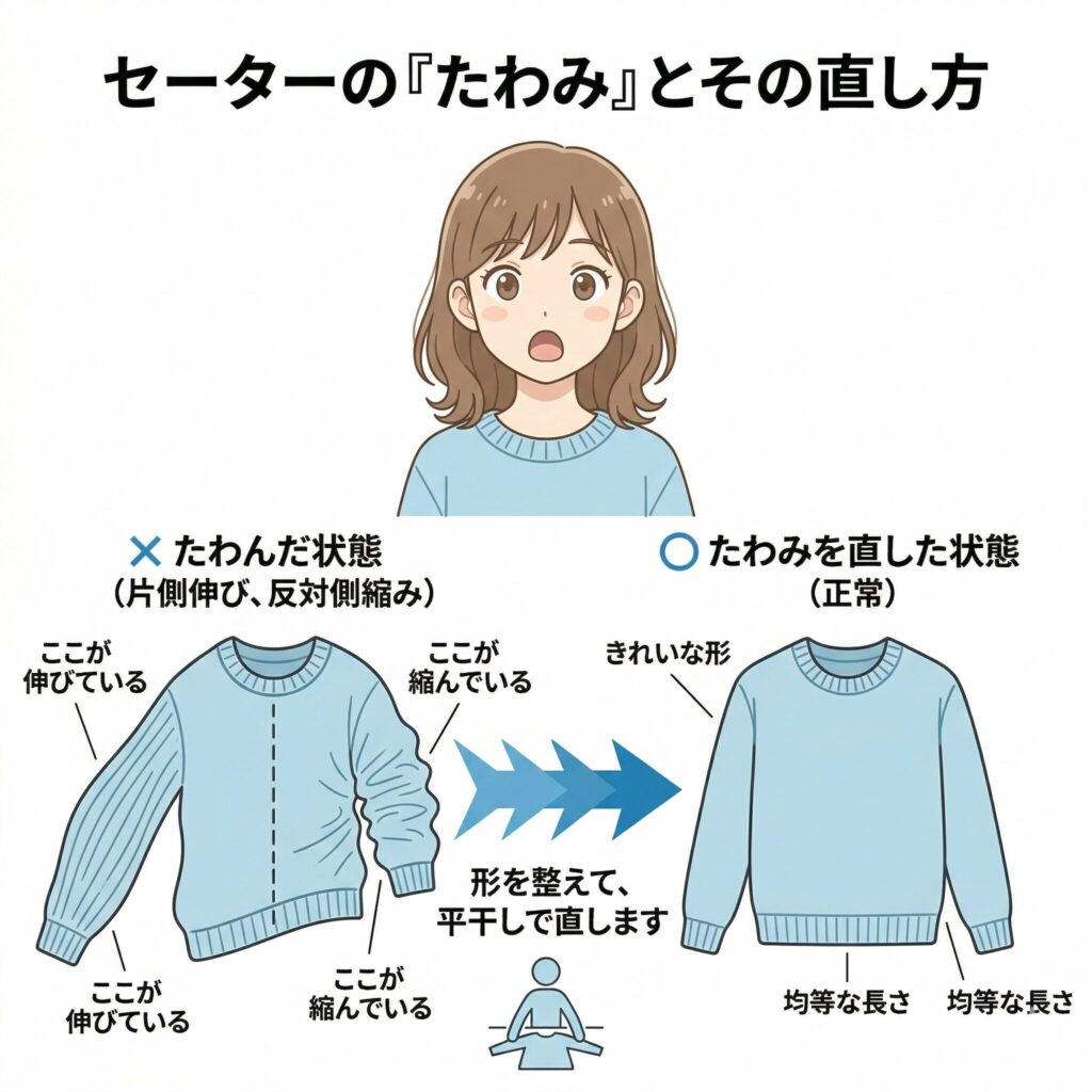 セーターのたわみの仕組みを示す図解。たわんだ状態では片側が伸び反対側が縮んでおり、たわみを修繕すると元のバランスに戻ることを表している
