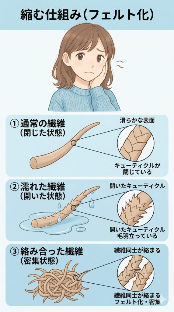 ウール繊維がフェルト化する過程の図解。通常状態の滑らかな繊維が水に濡れてキューティクルが開き、摩擦で繊維同士が絡み合って密集する3段階を示している