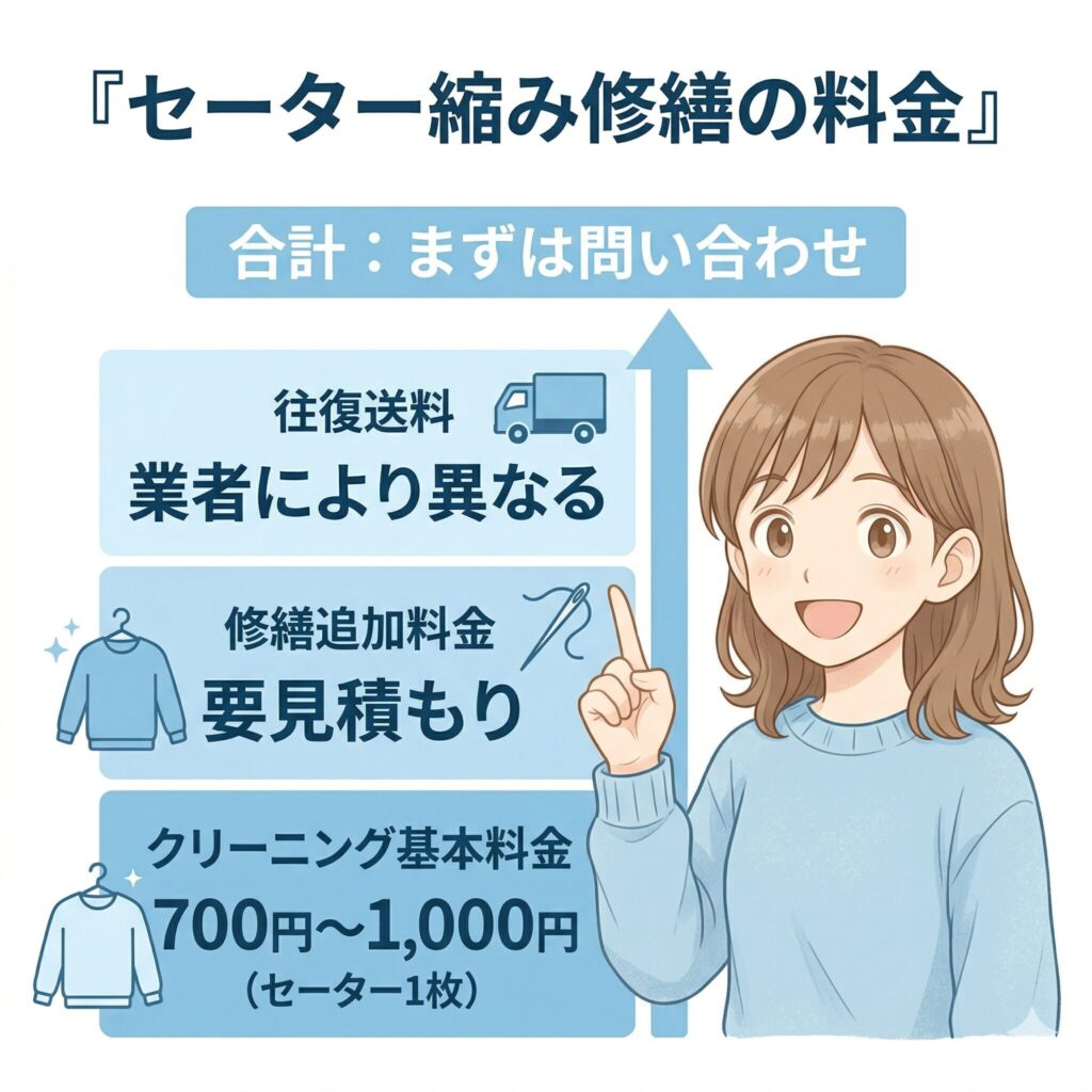 セーター縮み修繕の料金構造を示す図解。クリーニング基本料金、修繕追加料金、往復送料の3つの費用で構成されることを表している