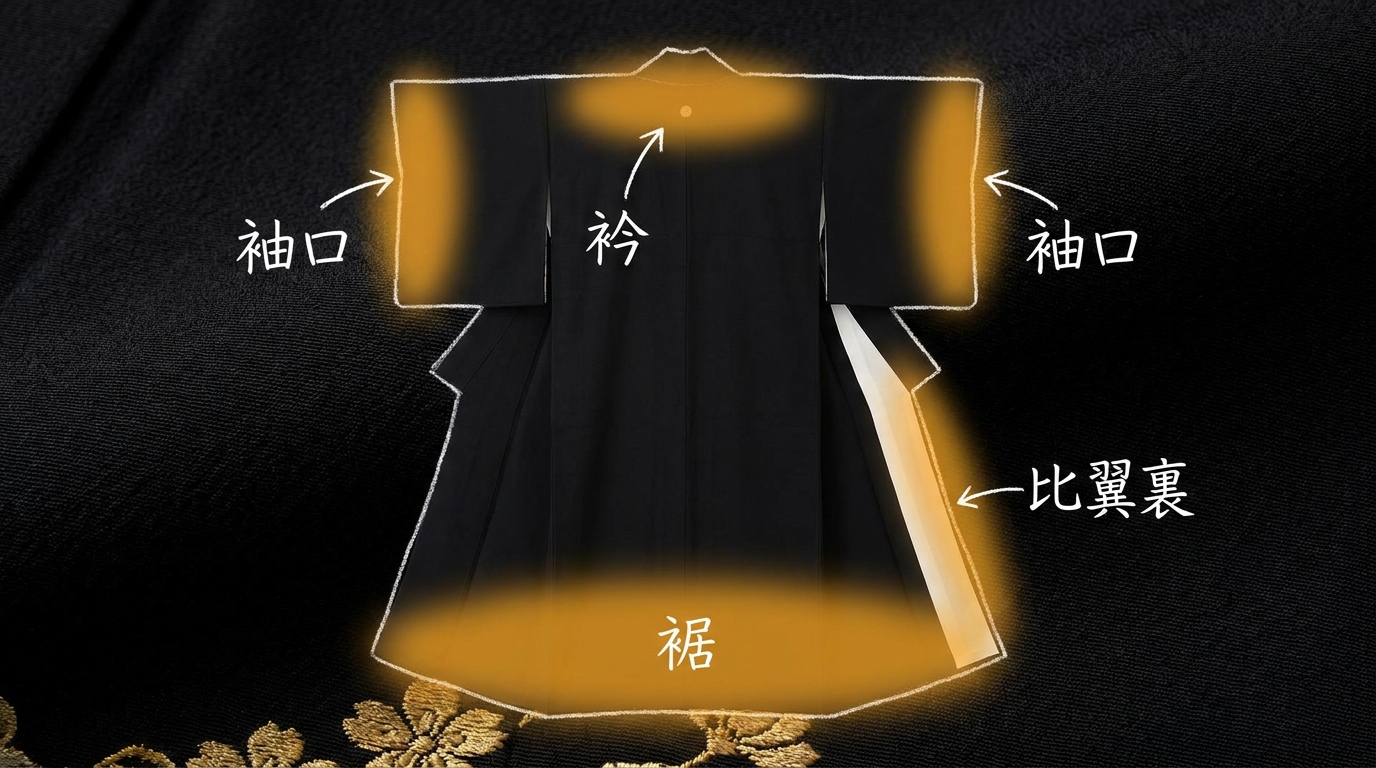 黒留袖の汚れが目立つ部位マップ（衿・袖口・裾・比翼裏）