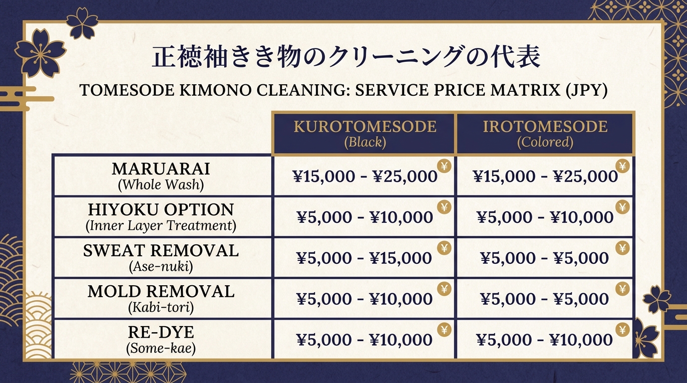 留袖クリーニングの料金相場マトリクス図解（黒留袖・色留袖・比翼追加・汗抜き）