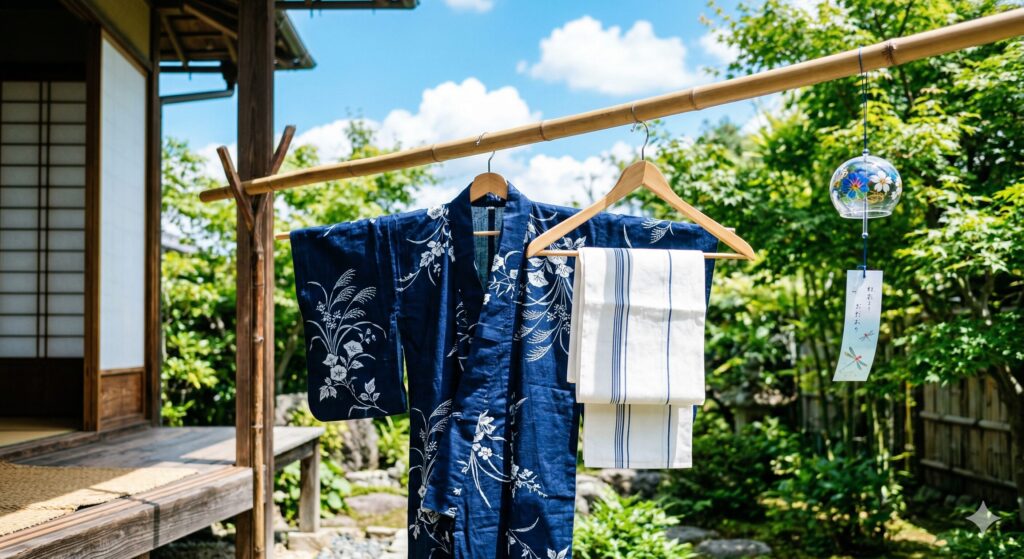 浴衣がかかった物干し竿と夏の青空