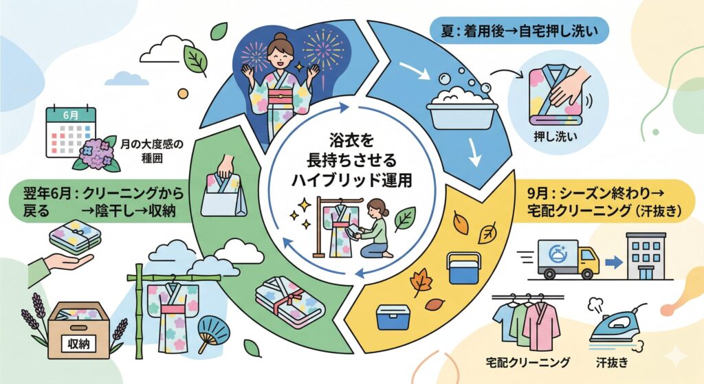 浴衣の年間ケアサイクル図: 夏の着用後は自宅手洗い、シーズン終わりに宅配クリーニングを利用するハイブリッド運用のフロー