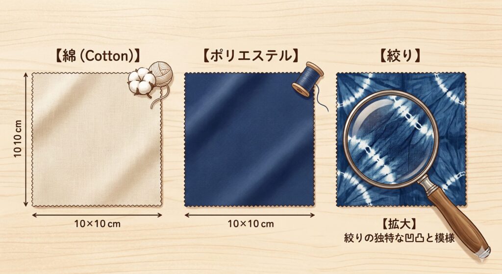 浴衣の素材別(綿・ポリエステル・絞り)の比較