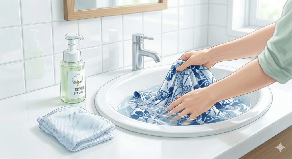 浴衣を自宅で押し洗いしている様子