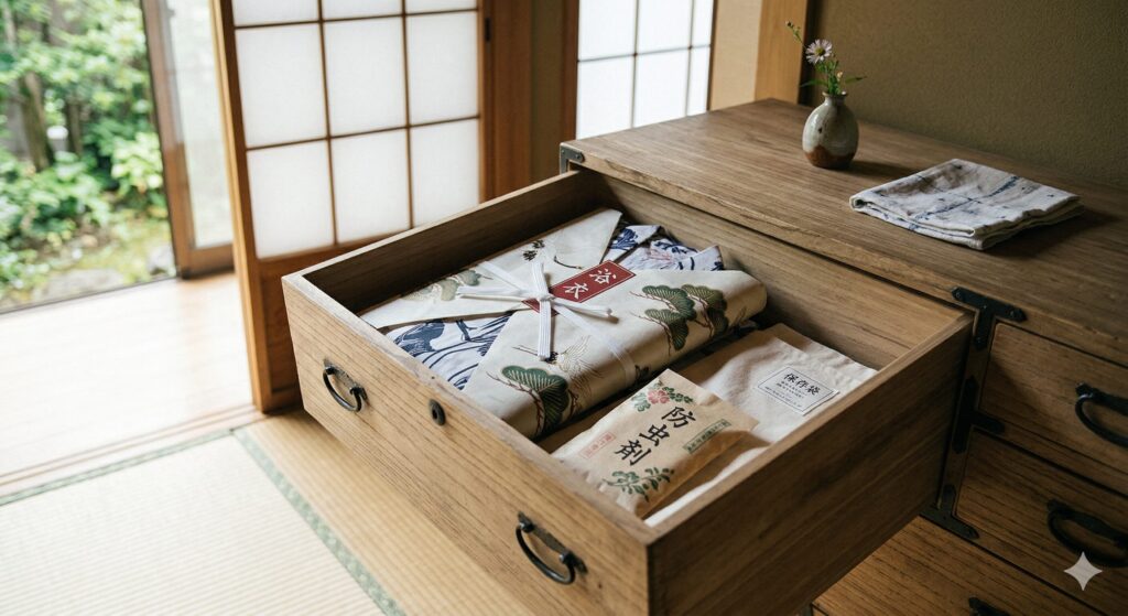 桐タンスに保管された浴衣